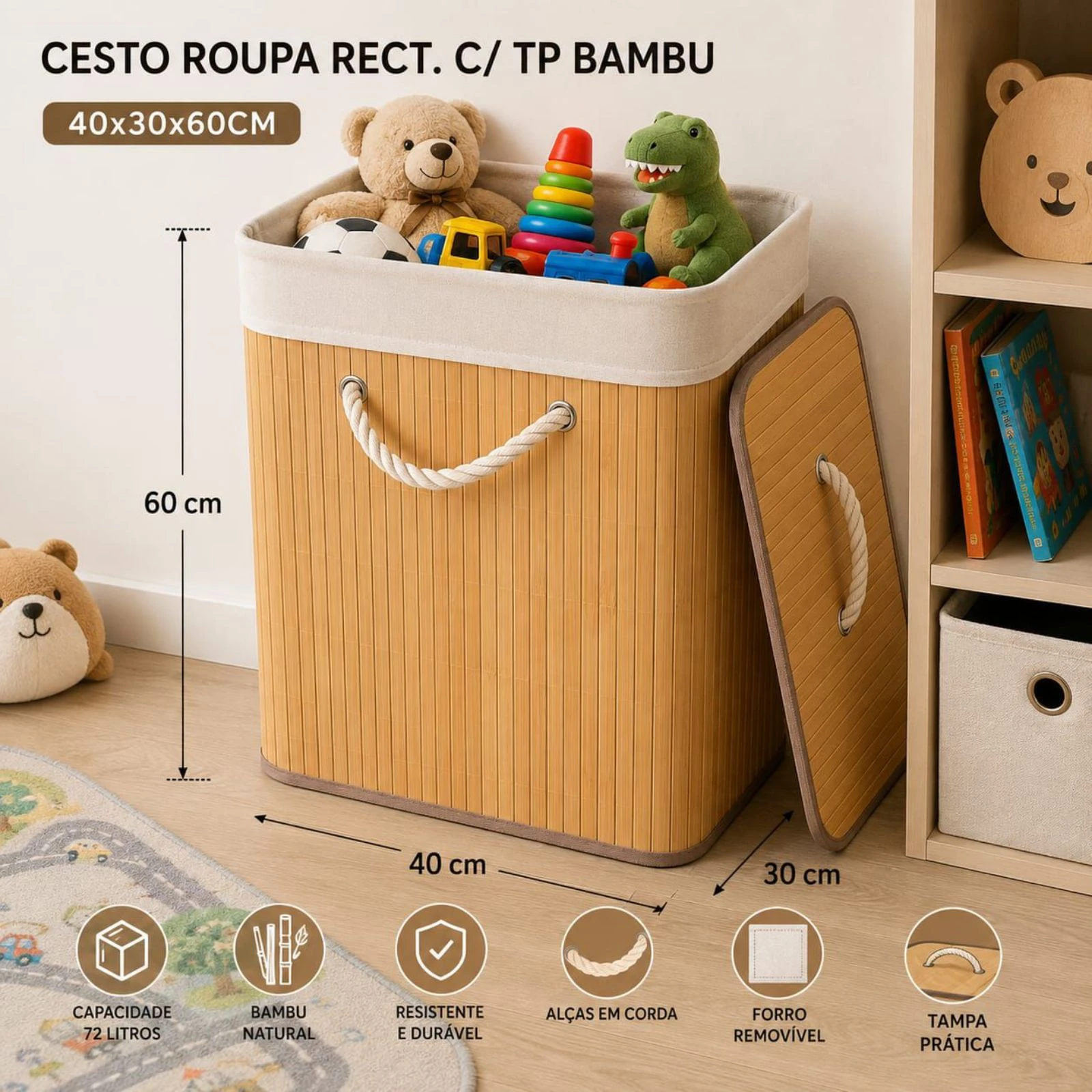 🧸 Multifunctionele Bamboe Mand met Deksel – 40x30x60 cm – photo 3
